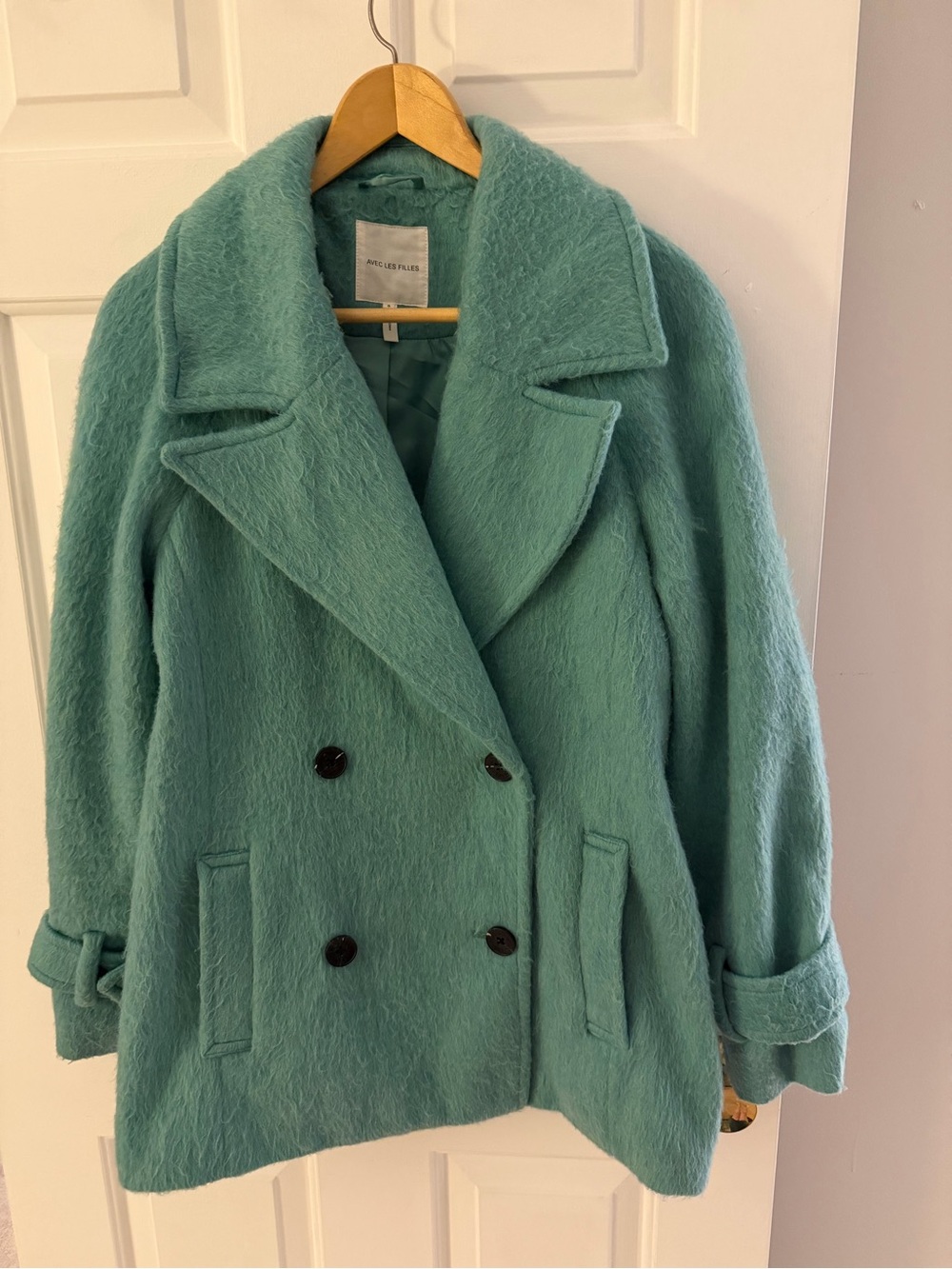 Avec Les Filles Aqua Fuzzy Double Breasted Coat S Oversized Statement Jacket